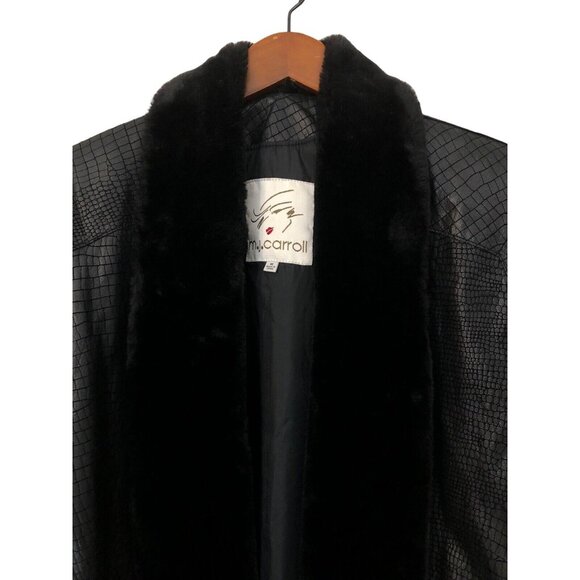 SOLD Vintage 1990s Black Leather Fur Collar Reptile Alligator Trench Coat - Picture 10 of 16